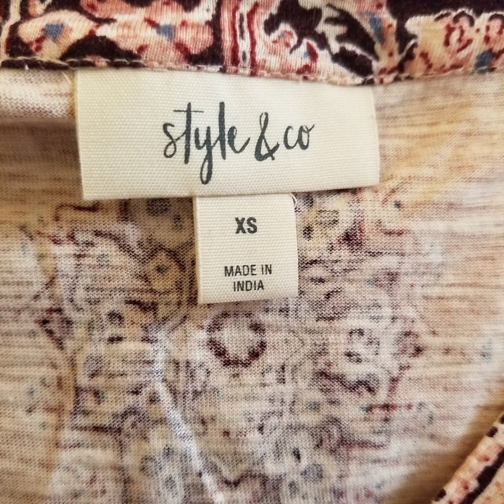 Style & Co Women’s Boho Tunic Cream Tan XS Split Neck Mixed Print New - Picture 4 of 13